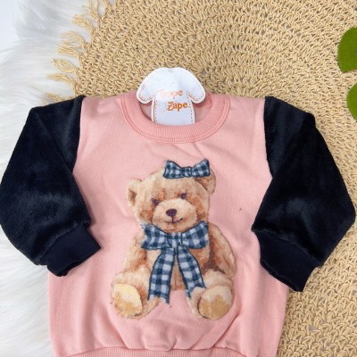  Blusa Ursinha com Manga Longa em Pelinho e Calça em Moletinho - Preto e Rosê